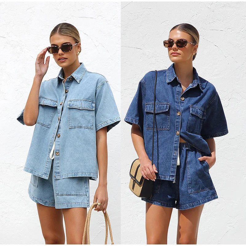 Lilian Cotton Blend Button-Down Shirt and Shorts Set
