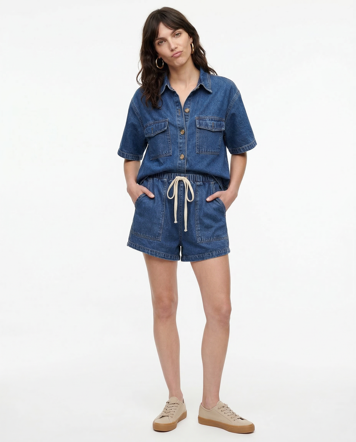 Lilian Cotton Blend Button-Down Shirt and Shorts Set