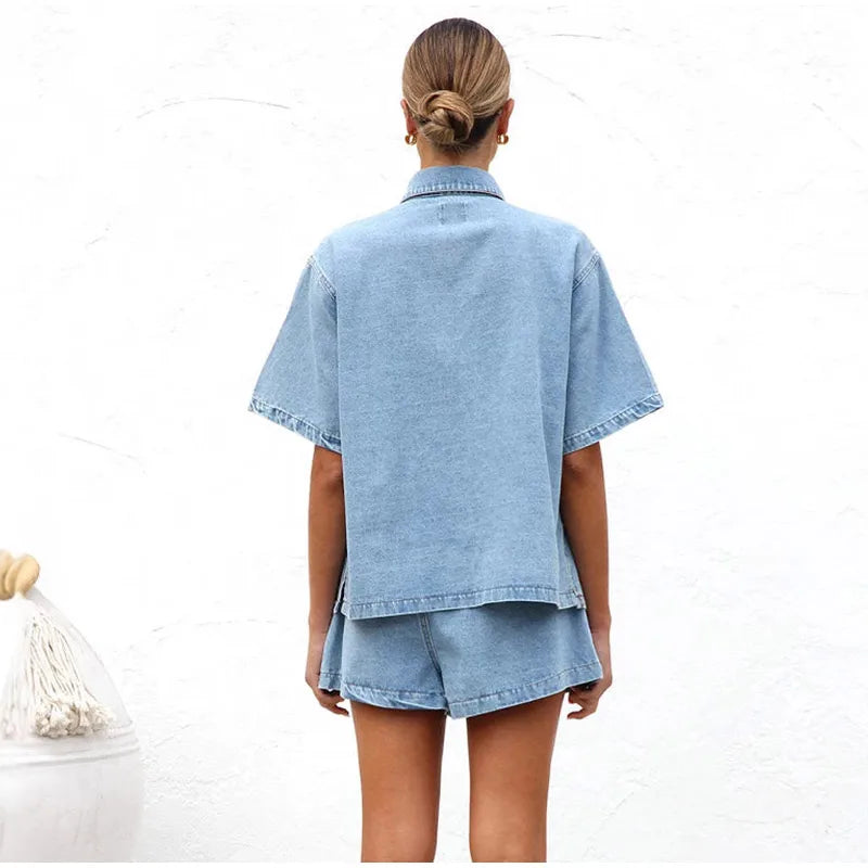 Lilian Cotton Blend Button-Down Shirt and Shorts Set