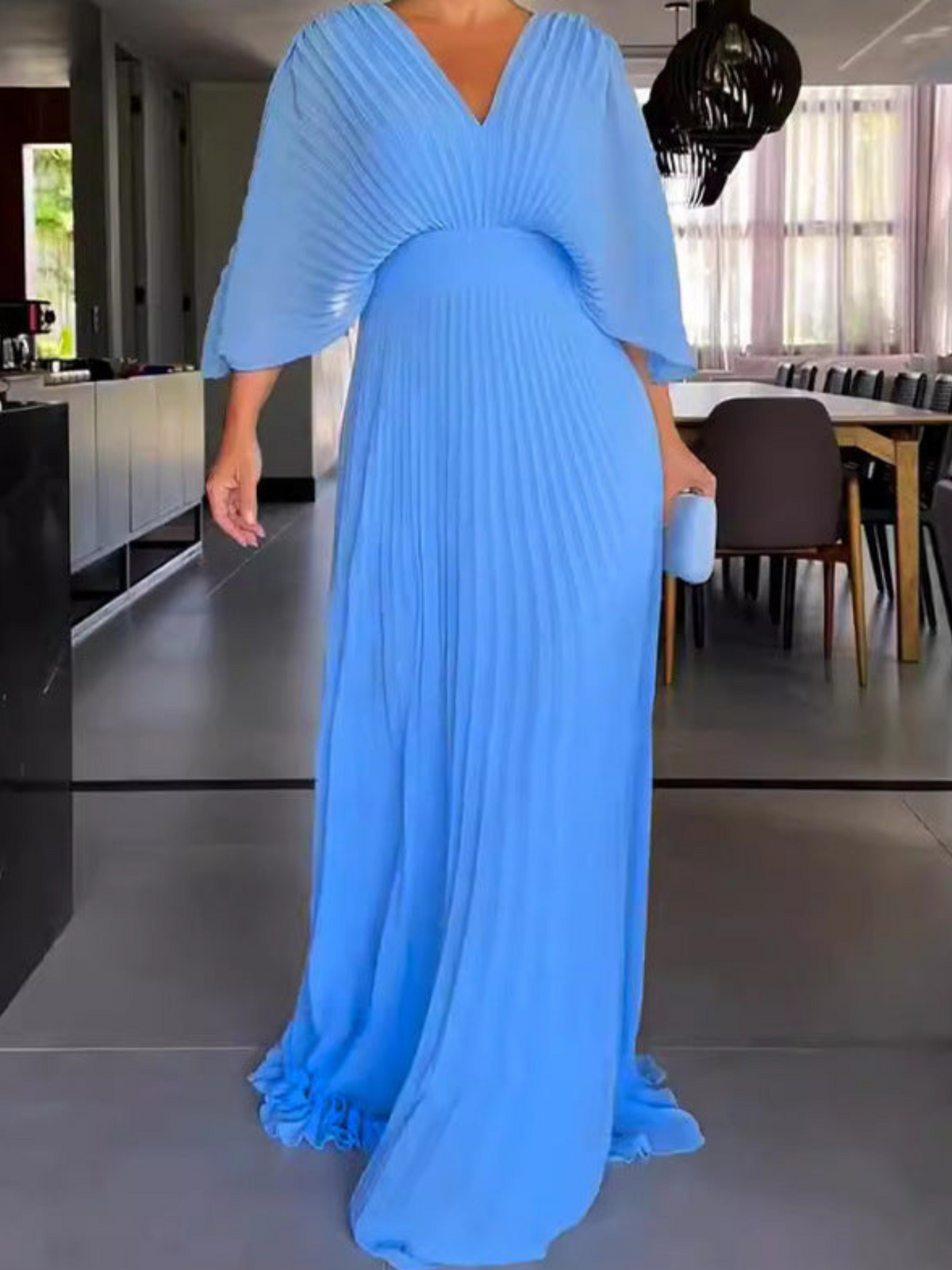 Lily Chic Pleated Maxi Dress in Bright Colours – Light Blue