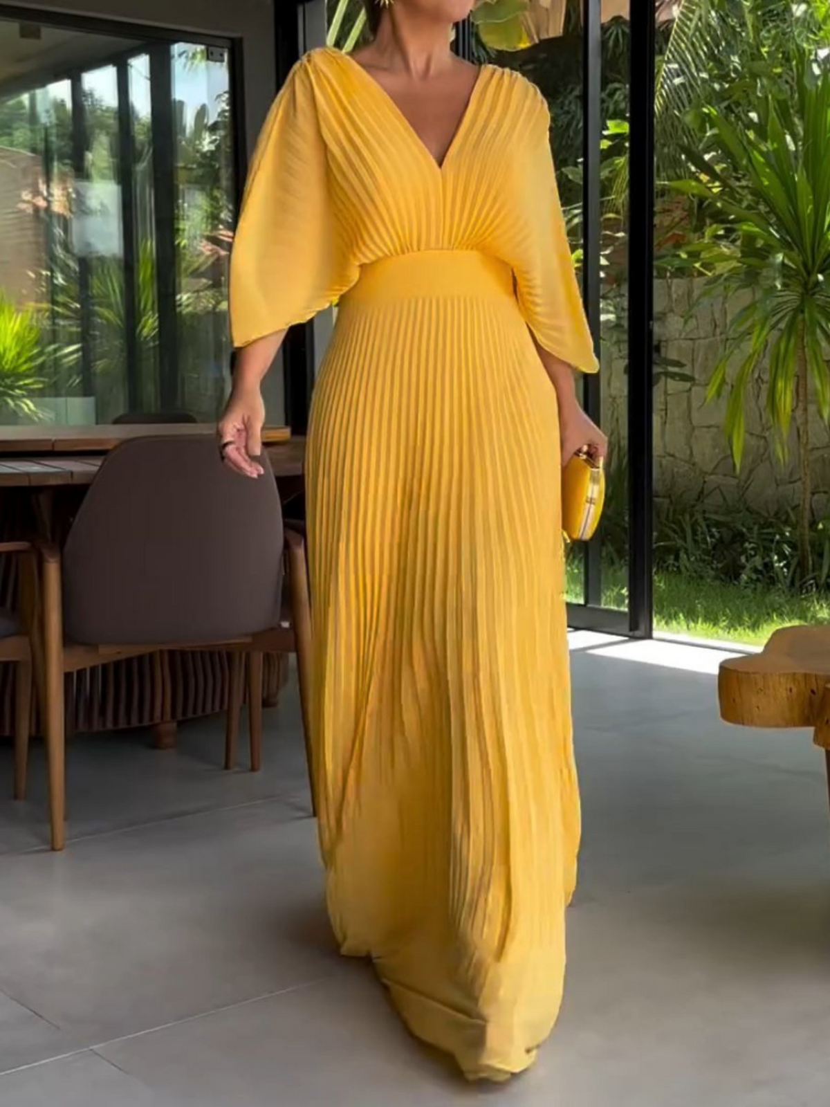 Lily Chic Pleated Maxi Dress in Bright Colours – Yellow