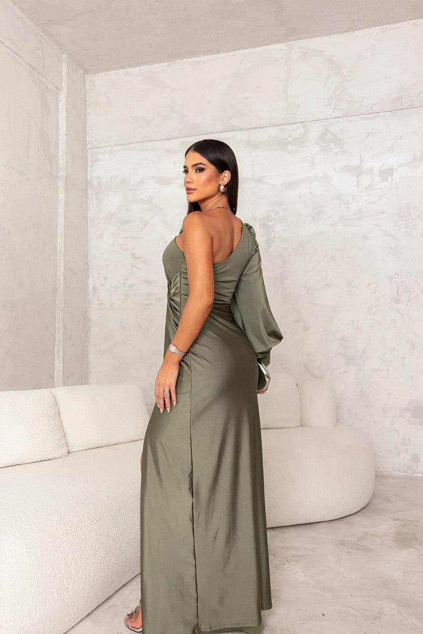 Lola Elegant One-Shoulder Satin Maxi Dress with Slit