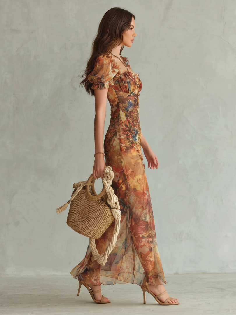 Lottie Printed Ruched Midi Dress with Ruffle Sleeves