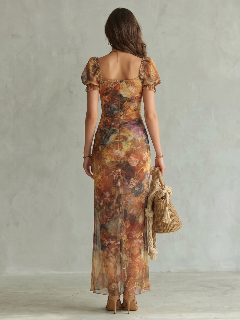 Lottie Printed Ruched Midi Dress with Ruffle Sleeves