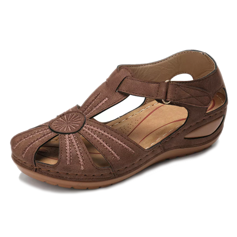 Lucia Comfortable Round-Toe Wedges with Hook and Loop Strap – Brown
