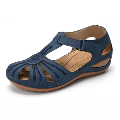 Lucia Comfortable Round-Toe Wedges with Hook and Loop Strap – Navy Blue