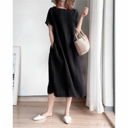 Lydia Summer Linen Midi Dress with Side Pockets – Black
