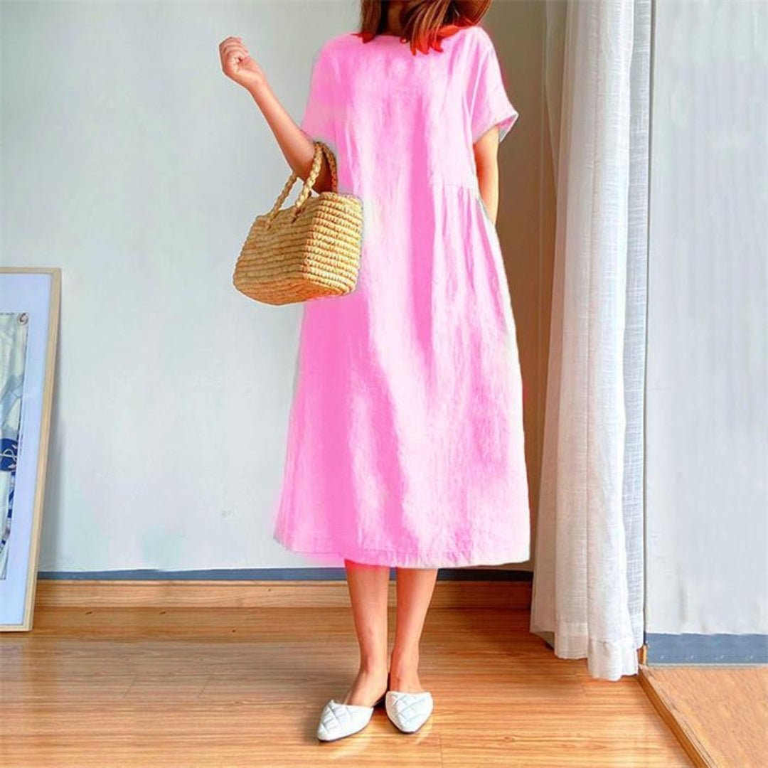 Lydia Summer Linen Midi Dress with Side Pockets – Pink