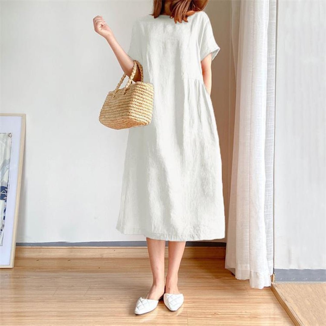 Lydia Summer Linen Midi Dress with Side Pockets – White