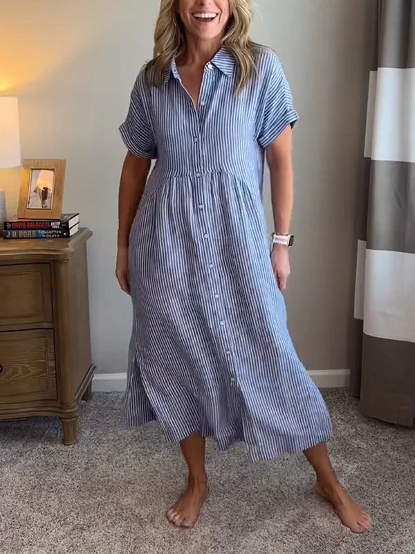 Mabel Classic Striped Midi Shirt Dress with Button Front