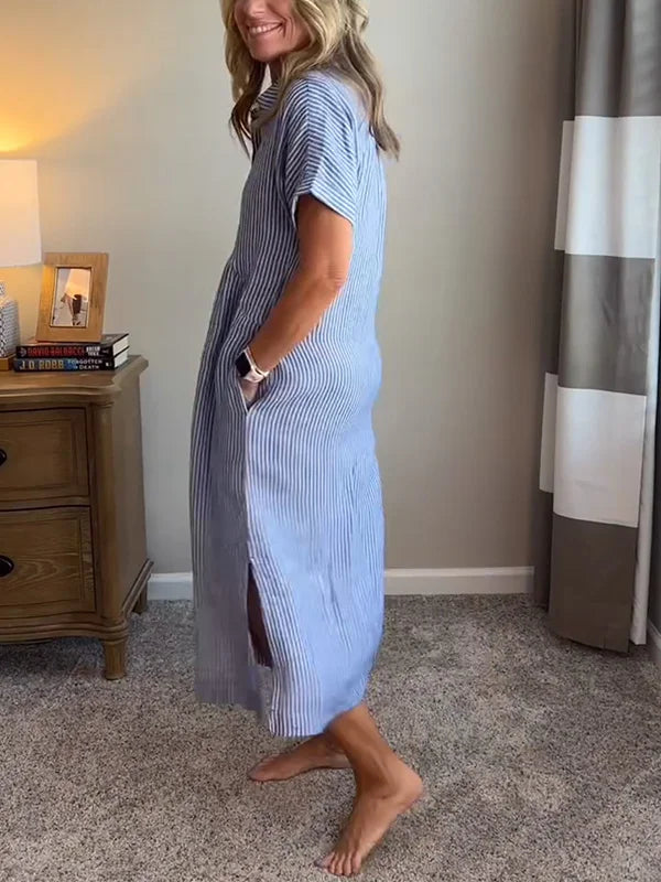 Mabel Classic Striped Midi Shirt Dress with Button Front