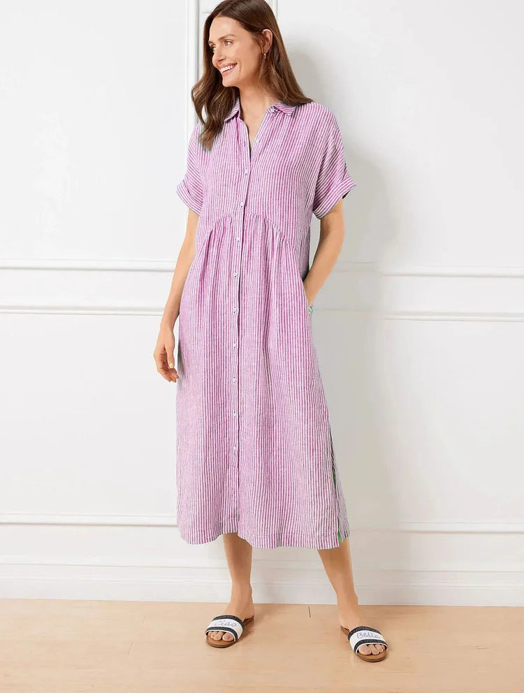Mabel Classic Striped Midi Shirt Dress with Button Front