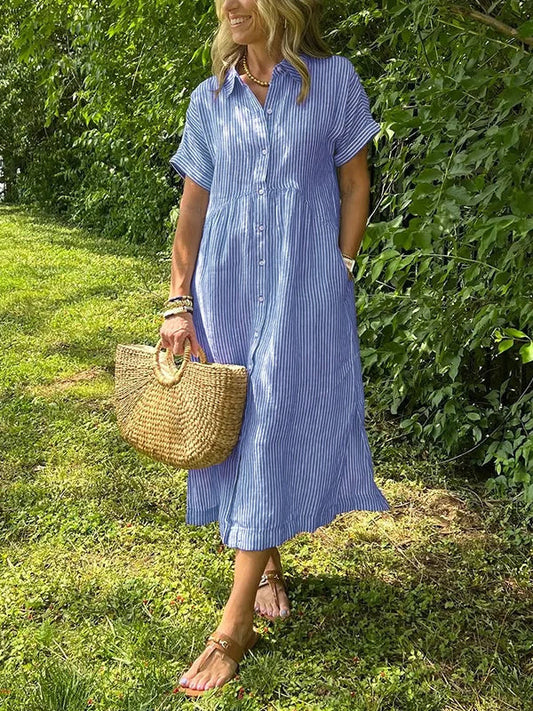 Mabel Classic Striped Midi Shirt Dress with Button Front – Blue