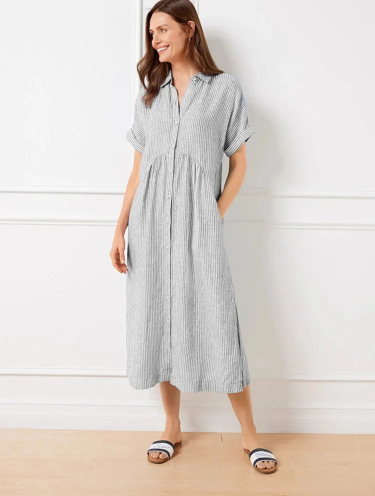 Mabel Classic Striped Midi Shirt Dress with Button Front – Gray