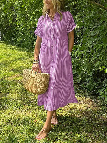Mabel Classic Striped Midi Shirt Dress with Button Front – Pink