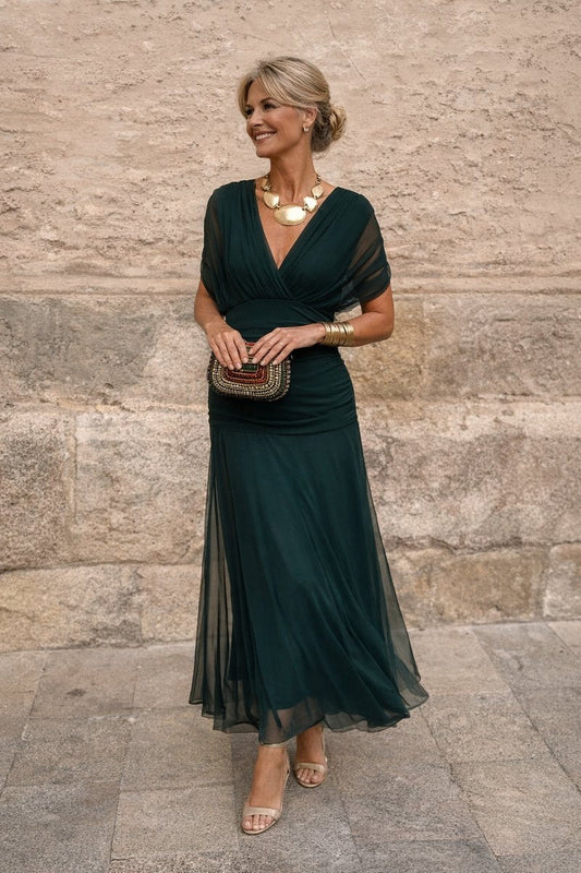 Mae Wedding Guest Chiffon Maxi Dress with Flutter Sleeves – Bottle Green