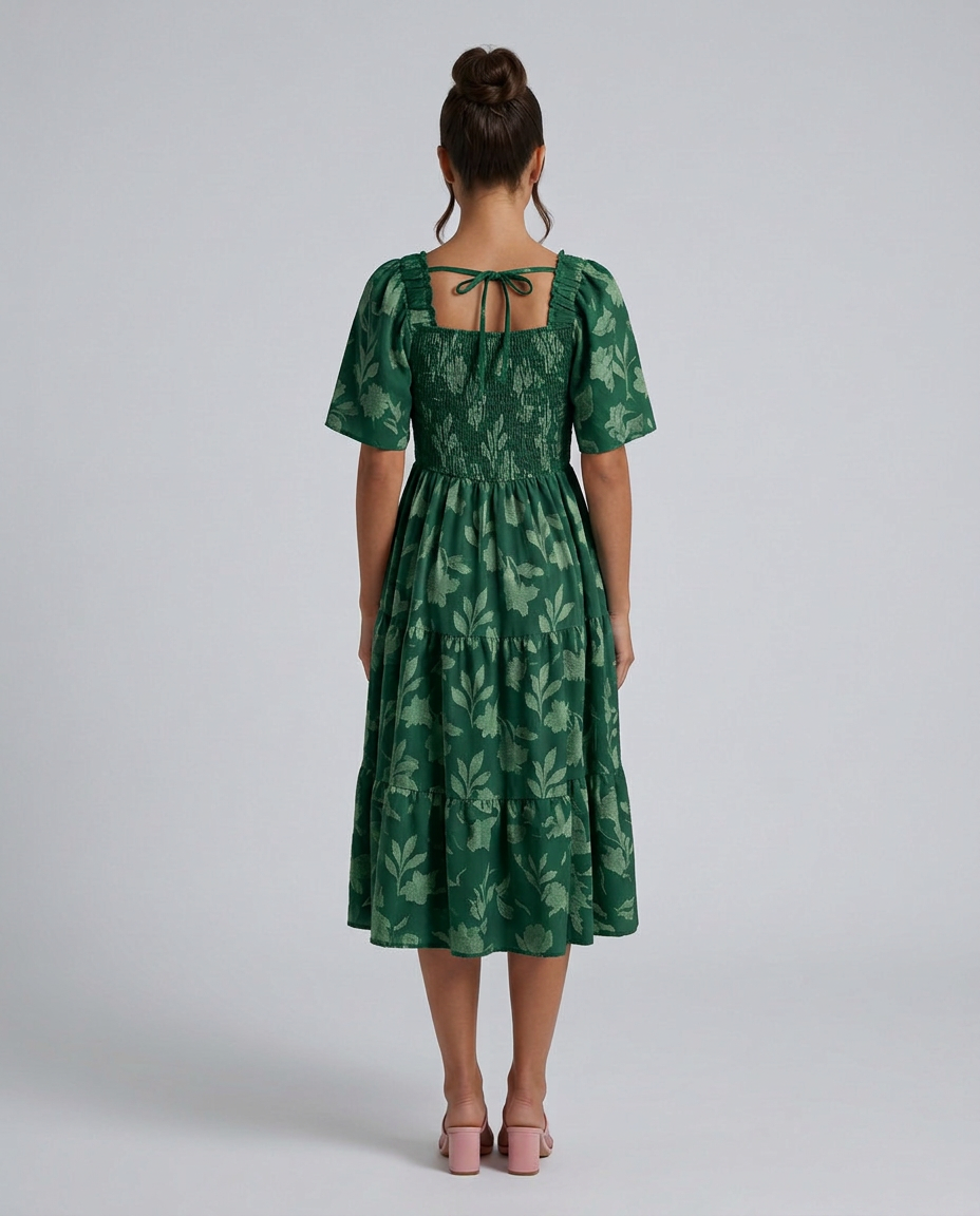 Maeve Textured Floral Midi Dress with Square Neck