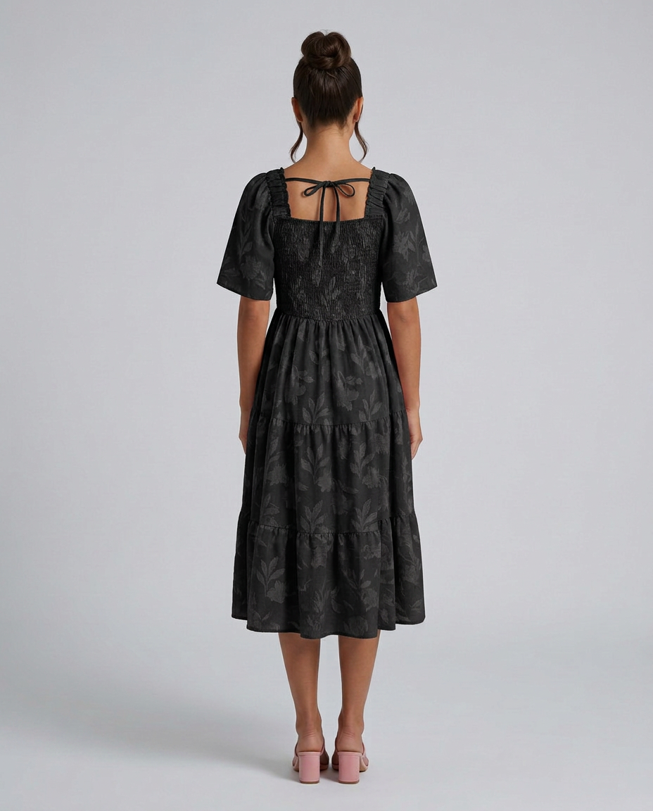 Maeve Textured Floral Midi Dress with Square Neck