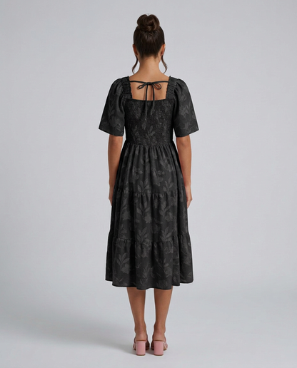Maeve Textured Floral Midi Dress with Square Neck