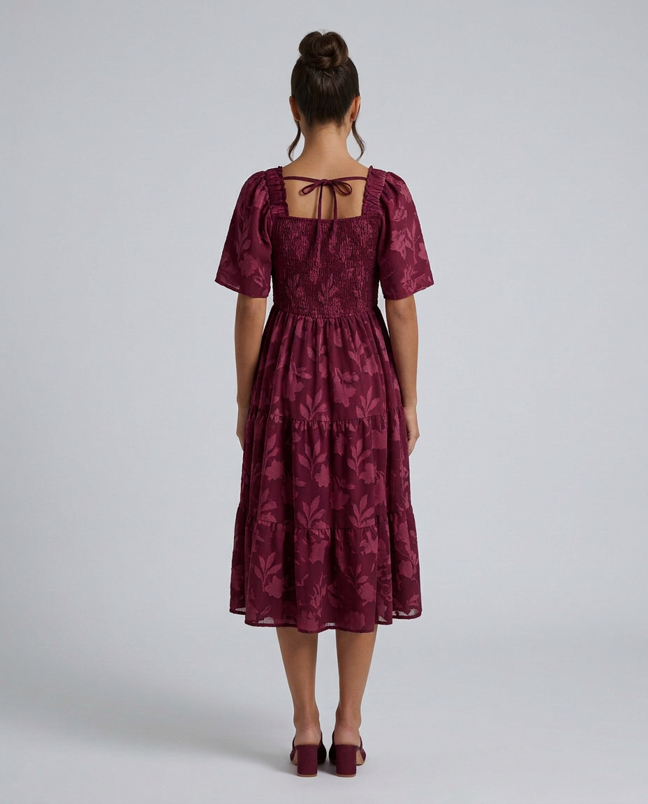 Maeve Textured Floral Midi Dress with Square Neck