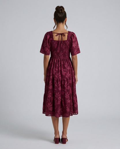 Maeve Textured Floral Midi Dress with Square Neck