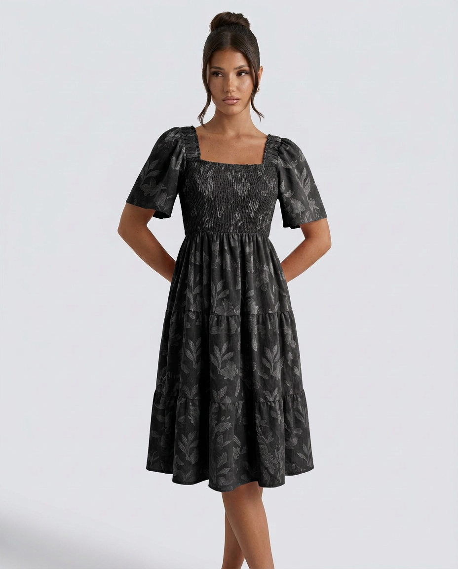 Maeve Textured Floral Midi Dress with Square Neck – Black