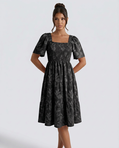 Maeve Textured Floral Midi Dress with Square Neck – Black