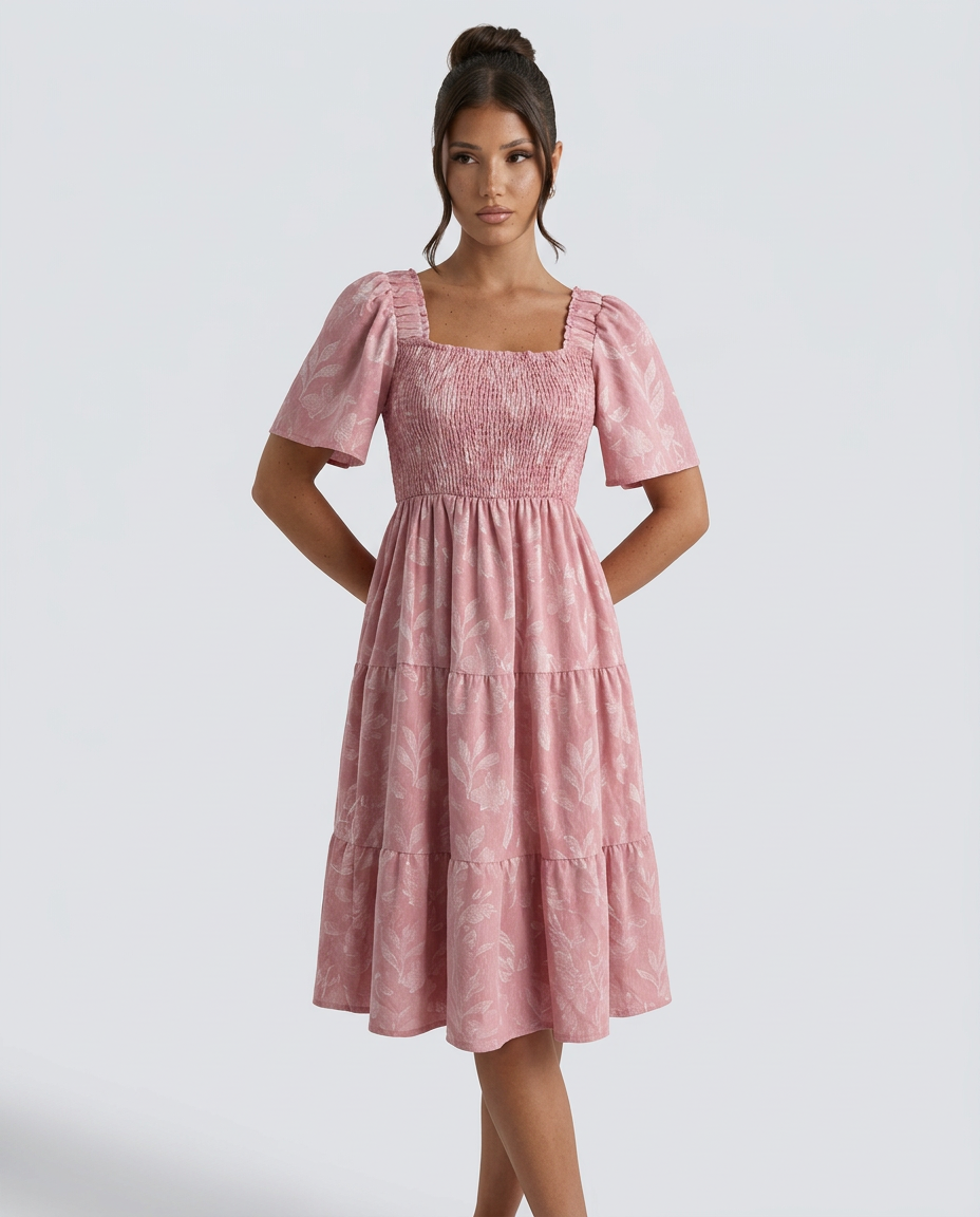 Maeve Textured Floral Midi Dress with Square Neck – Pink