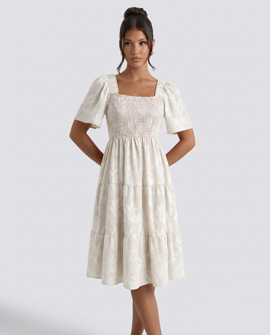Maeve Textured Floral Midi Dress with Square Neck – White
