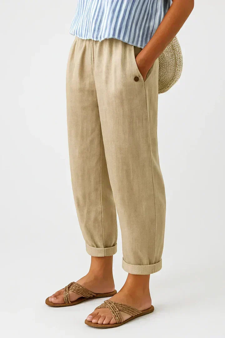 Maggie Loose Casual Linen Pants with Soft Waistband – Beige