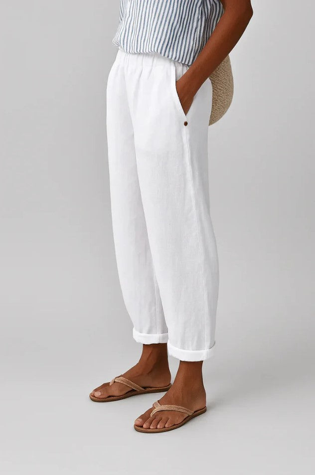 Maggie Loose Casual Linen Pants with Soft Waistband – White