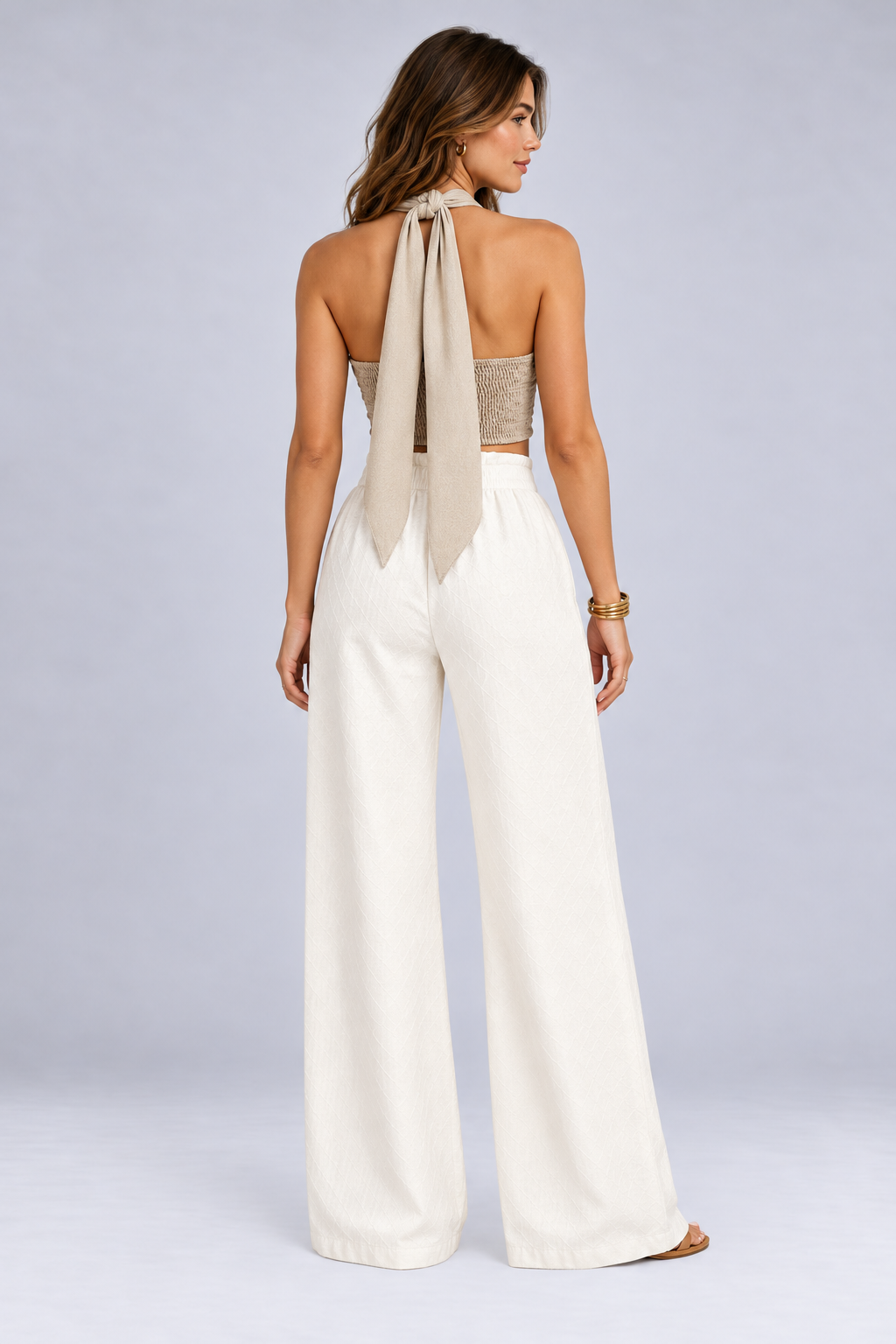 Mandy Beige Linen Blend Halter Crop Top with Crisscross Detail