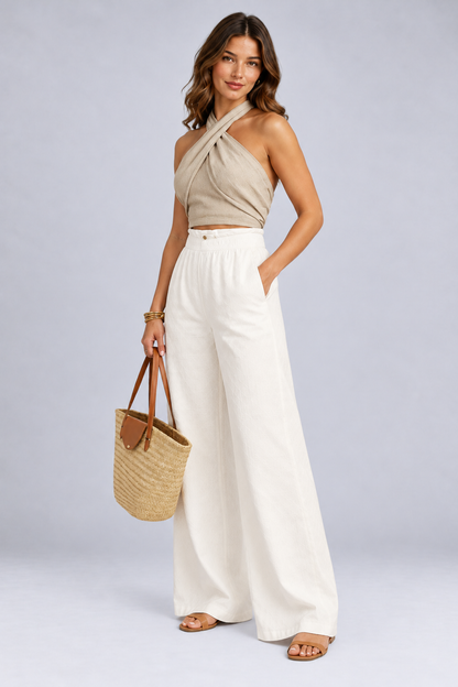 Mandy Beige Linen Blend Halter Crop Top with Crisscross Detail