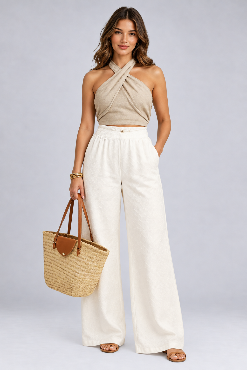 Mandy Beige Linen Blend Halter Crop Top with Crisscross Detail – Beige
