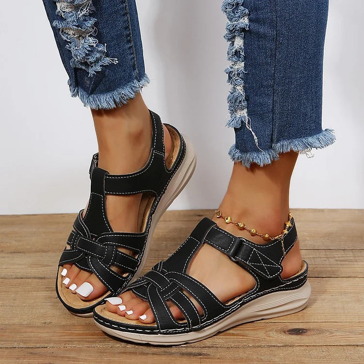 Marnie Classic Low Wedge Sandals with Stitched Straps – Black