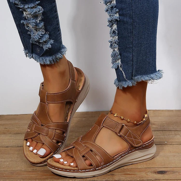 Marnie Classic Low Wedge Sandals with Stitched Straps – Brown