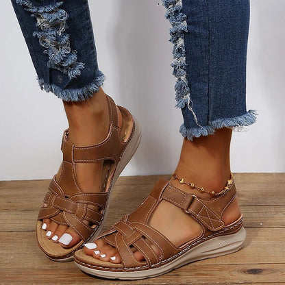 Marnie Classic Low Wedge Sandals with Stitched Straps – Brown