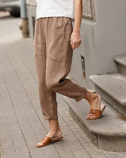 Megan Cotton-Linen Pants with Elastic Waist and Rolled Cuffs