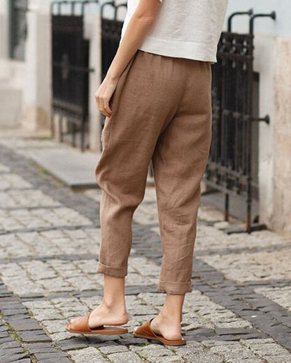 Megan Cotton-Linen Pants with Elastic Waist and Rolled Cuffs