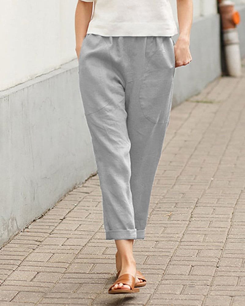 Megan Cotton-Linen Pants with Elastic Waist and Rolled Cuffs – Gray