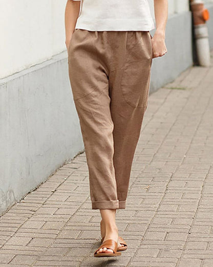 Megan Cotton-Linen Pants with Elastic Waist and Rolled Cuffs – Khaki