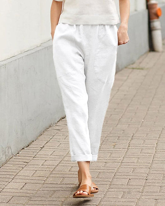 Megan Cotton-Linen Pants with Elastic Waist and Rolled Cuffs – White