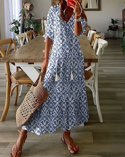 Mia Boho Maxi Dress with Tassel Tie V-Neck – Blue