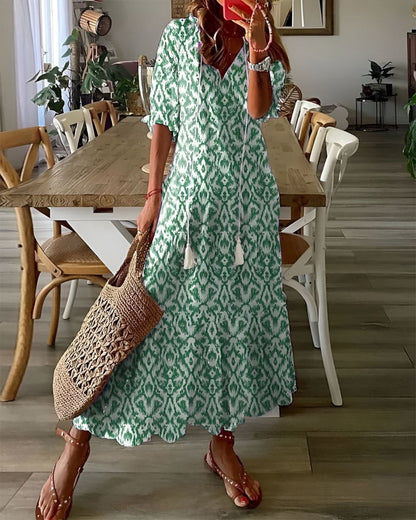 Mia Boho Maxi Dress with Tassel Tie V-Neck – Green
