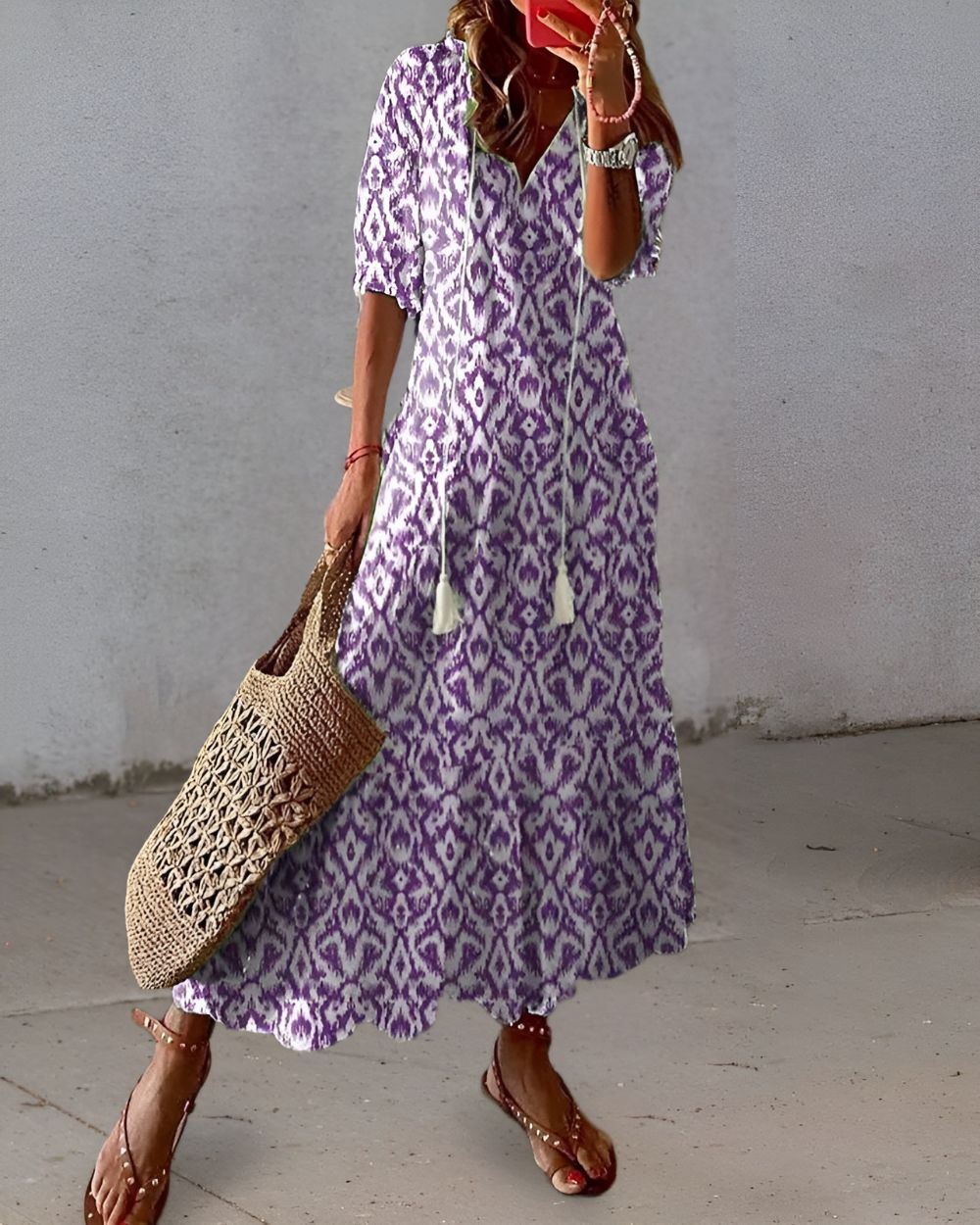 Mia Boho Maxi Dress with Tassel Tie V-Neck – Purple