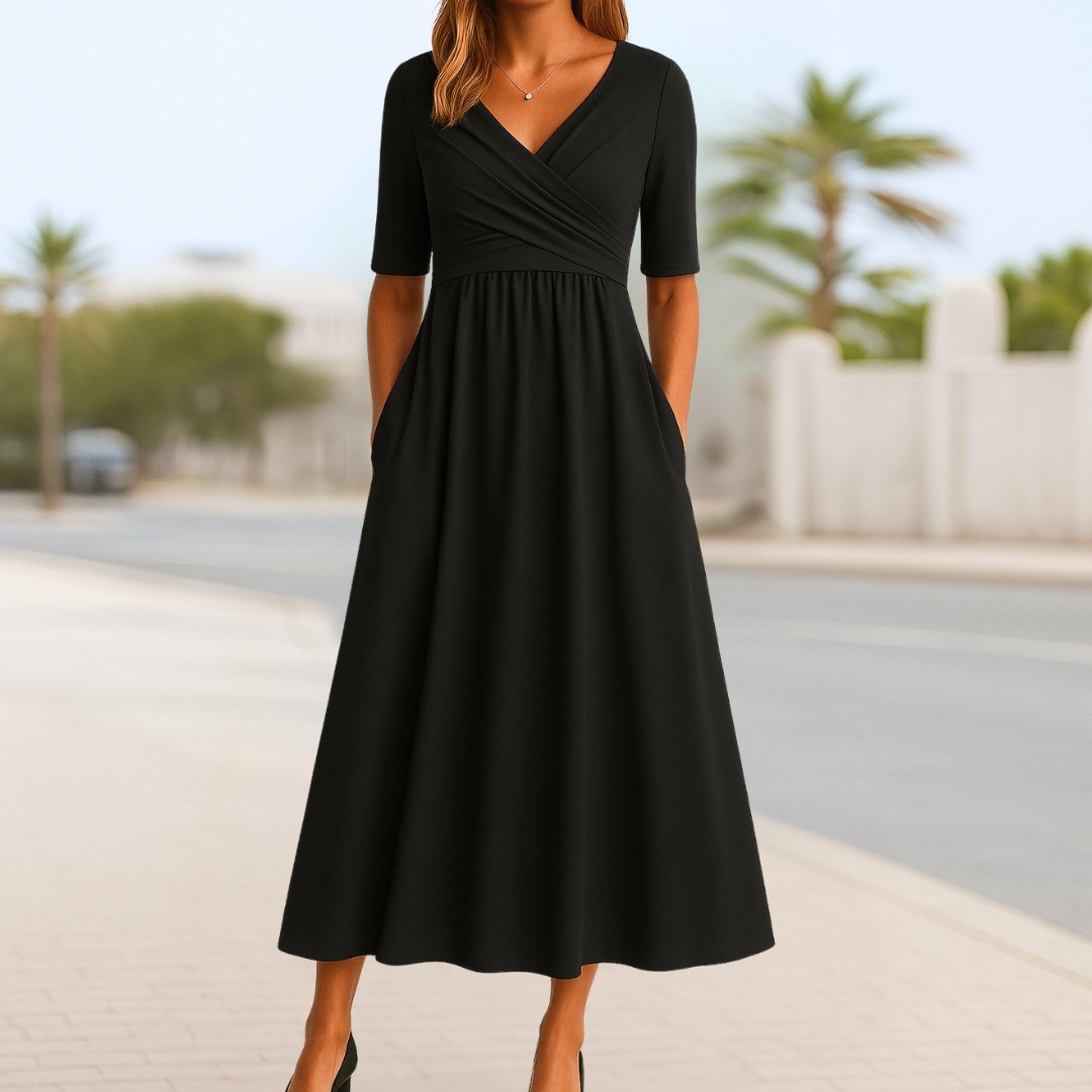 Molly A-Line Wrap Midi Dress with Pockets – Black