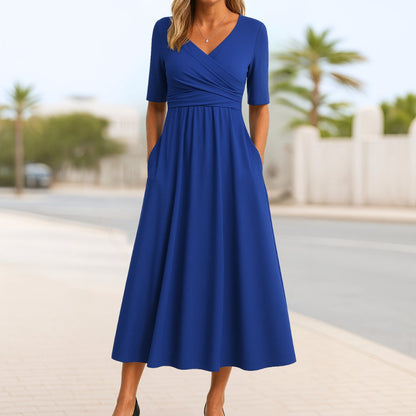 Molly A-Line Wrap Midi Dress with Pockets – Navy Blue