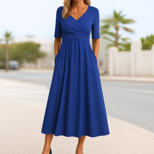 Molly A-Line Wrap Midi Dress with Pockets – Navy Blue