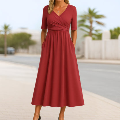 Molly A-Line Wrap Midi Dress with Pockets – Red