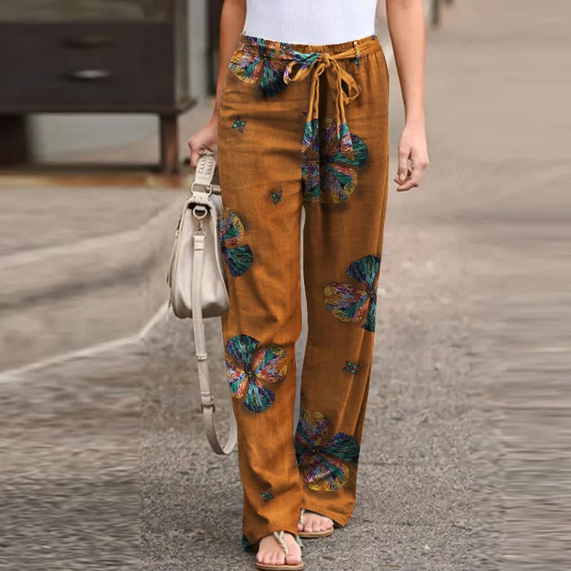 Nadia Lightweight Summer Linen Pants with Flowy Leg – Yellow four-petaled